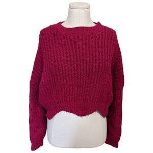 Womens Magenta Chunky Knit Cropped Sweater Jumper Pullover Zig Zag Hem Boxy Sz S